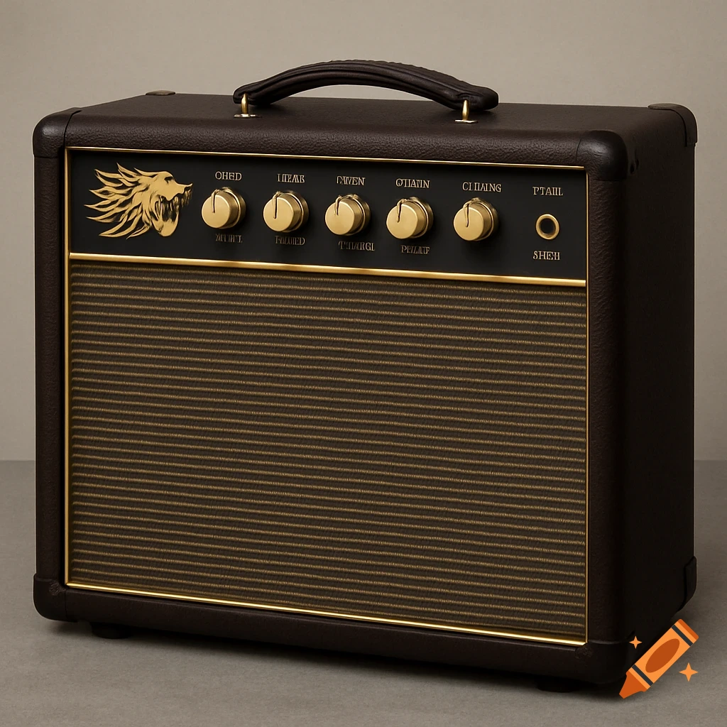 A new, wide dark brown guitar amp with gold trim, featuring a gold roaring lion logo and several control knobs on its front panel.