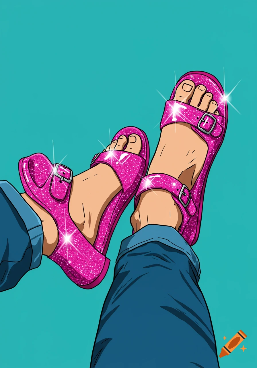 A person wearing sparkly pink glitter sandals and blue jeans with their feet up against a teal background.