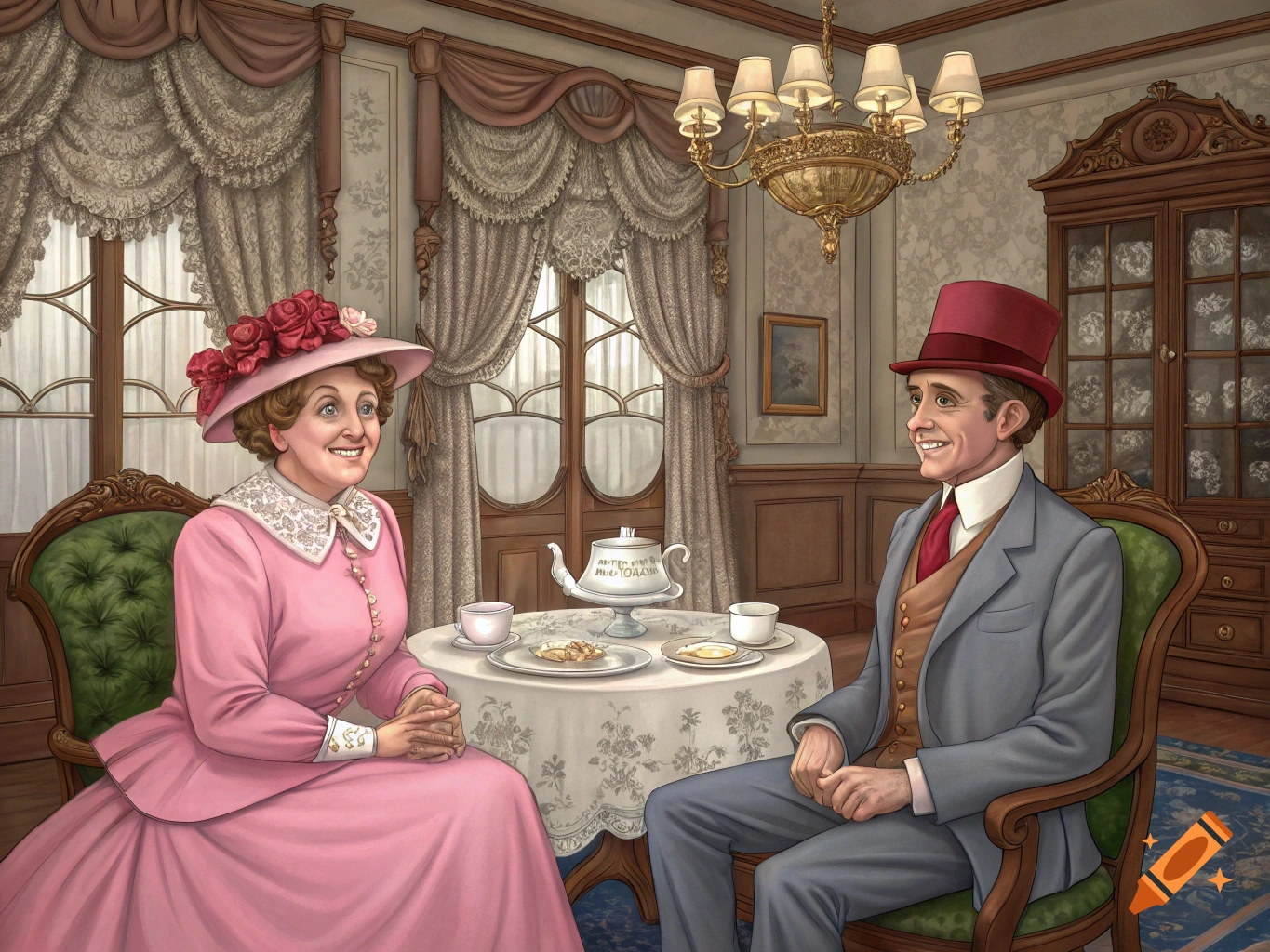 A smiling woman in a pink dress and hat sits across from a man in a suit and red top hat at a tea table in a Victorian parlor.