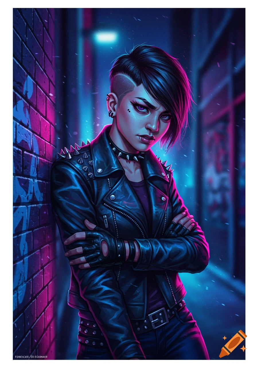 Digital art portrait of a punk woman with a spiked leather jacket ...