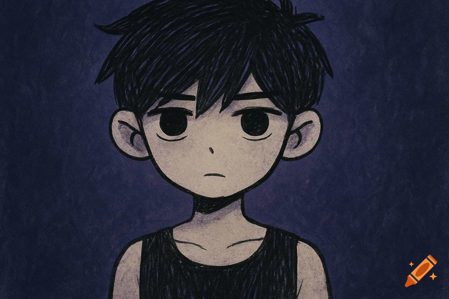 A sketch-style portrait of a young boy with dark hair and a somber expression against a textured purple background.