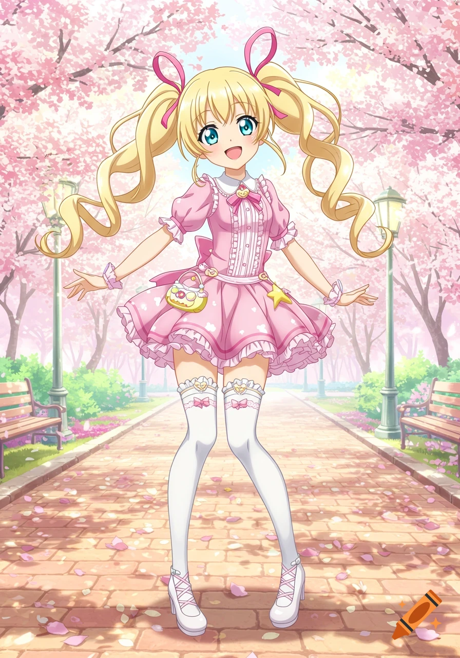 An anime illustration of a cute blonde girl with pigtails in a pink dress, standing in a cherry blossom park.