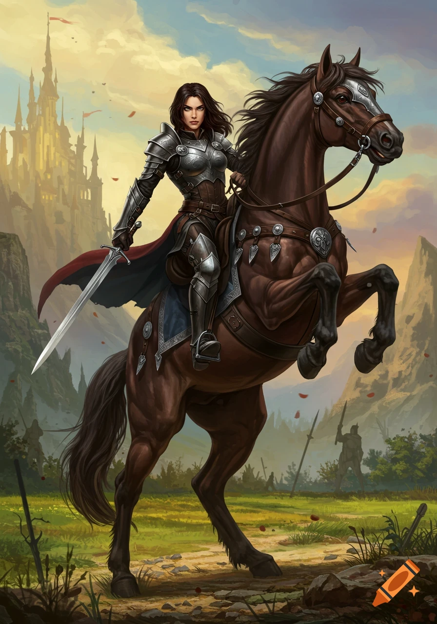 A female warrior in shining armor rides a rearing brown horse, with a ...