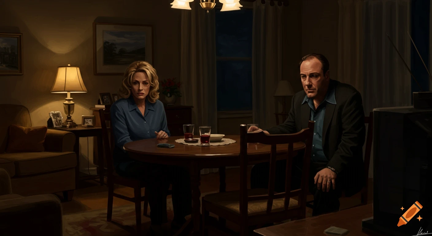 Digital painting of Tony and Carmela Soprano sitting at a dining table in a dimly lit room, looking serious.