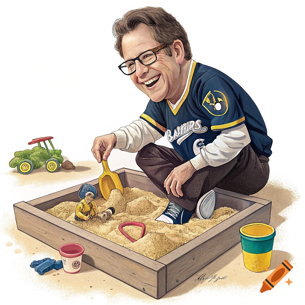 A smiling man with glasses, wearing a baseball jersey, kneels in a sandbox, playing with a shovel and toy figures in an illustrated style.