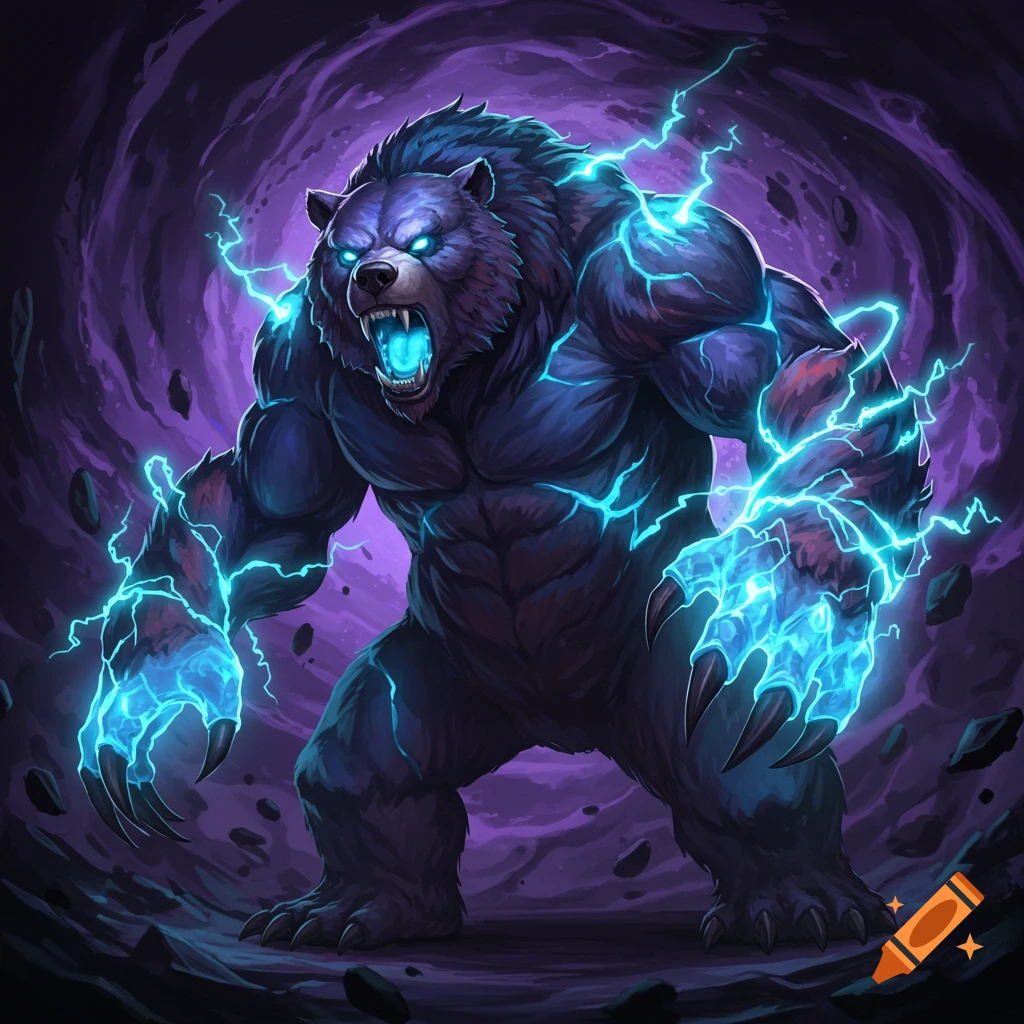 A large, muscular bear-like monster with glowing blue eyes and bright blue lightning crackling around its body, roaring in a dark purple void.