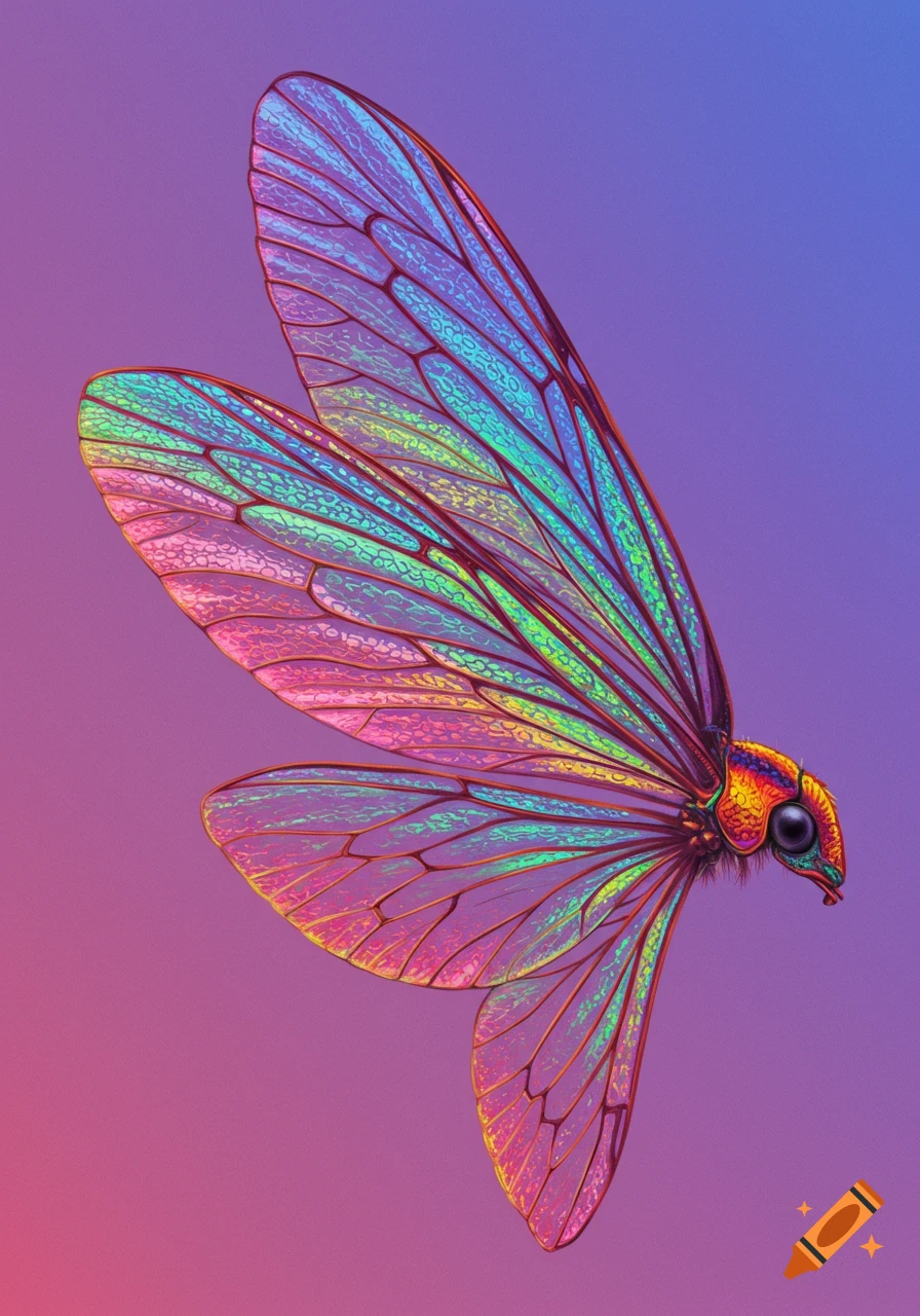 A close-up of a bug with detailed, translucent, iridescent rainbow wings against a purple and pink gradient background.