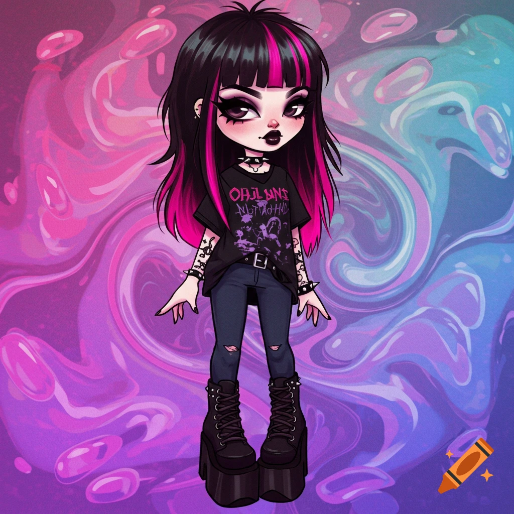 A stylized emo girl with pink and black hair and dark makeup wears a black t-shirt, ripped jeans, and platform boots on a swirling pink and blue background.