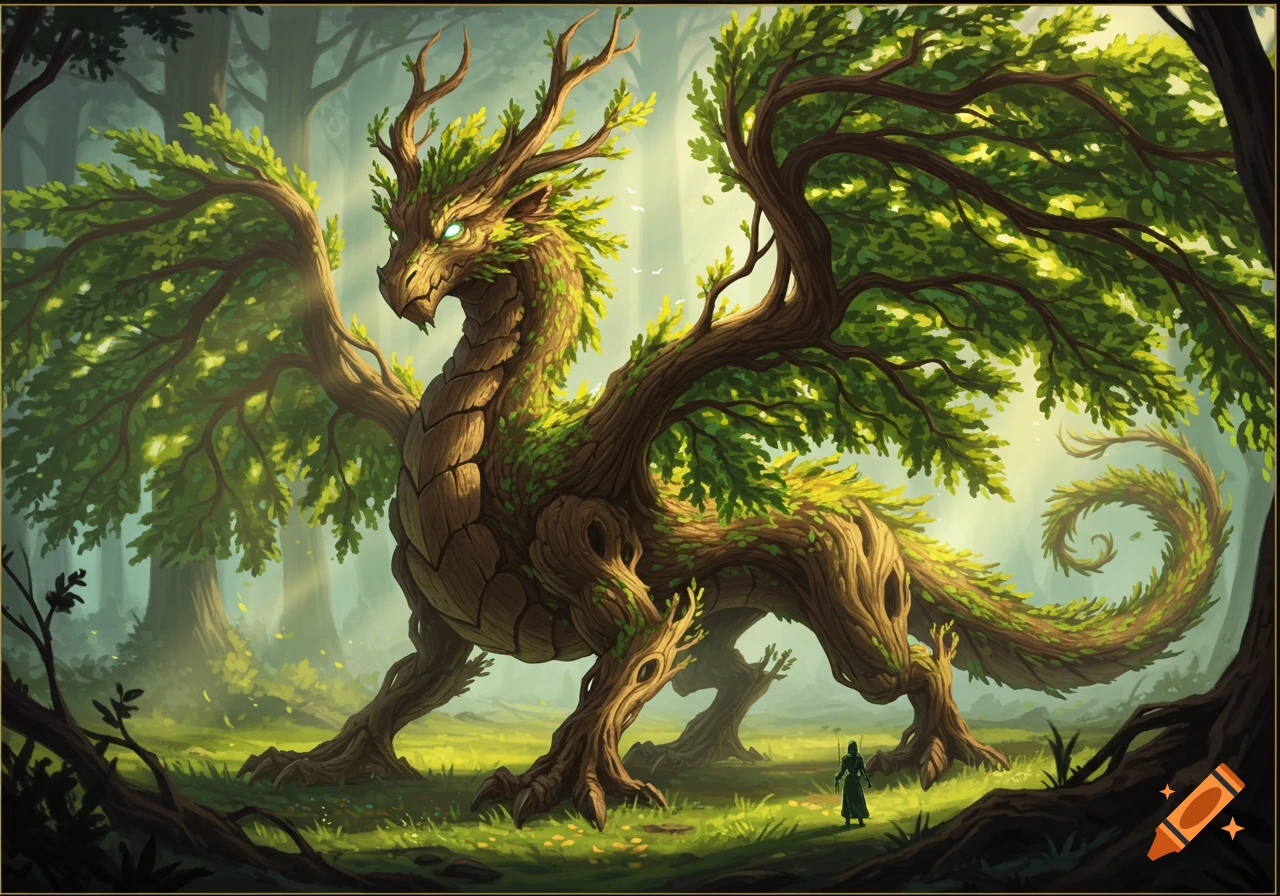 A majestic dragon made of trees and leaves stands in a sunlit forest clearing, with a small figure observing it.