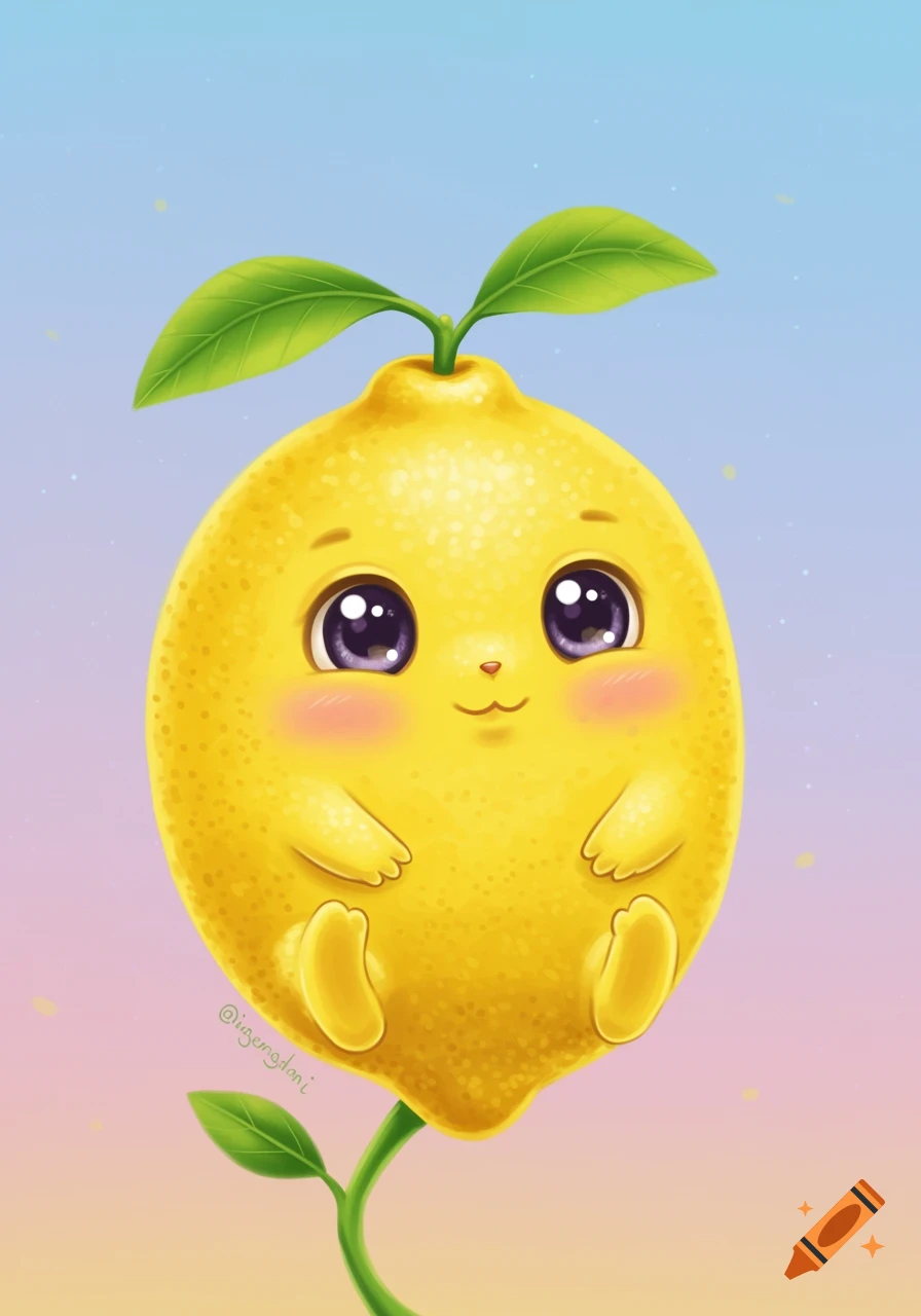 A cute, anthropomorphic lemon character with large purple eyes, rosy cheeks, and small hands and feet, featuring two green leaves on its head and a stem extending downwards, set against a soft gradient background.