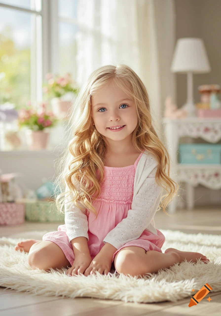 A cute blonde girl with blue eyes sitting on a fluffy rug in a bright room, smiling.