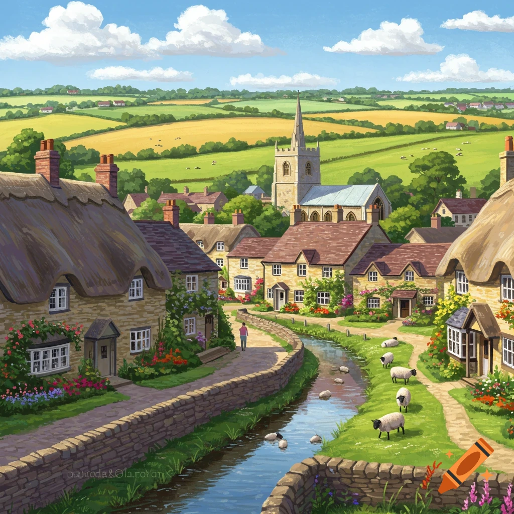 Vibrant illustration of a charming English village with thatched-roof cottages, a winding river, grazing sheep, and a church steeple.