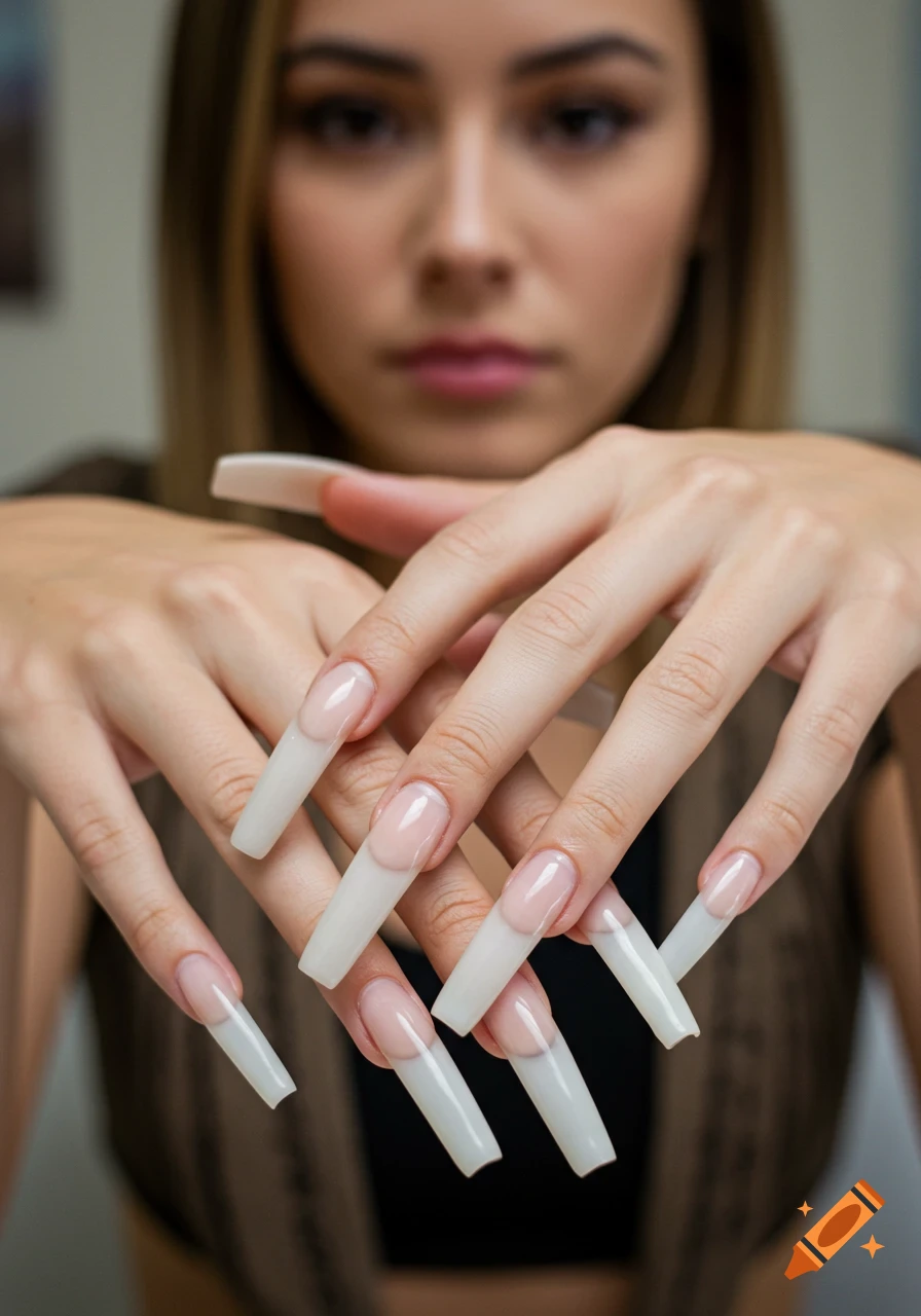 Young woman displaying her hands with very long, perfectly manicured nails.