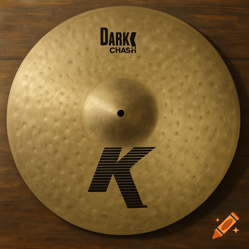 A close-up, top-down view of a golden Zildjian K Dark Crash cymbal with black text on a wooden surface.