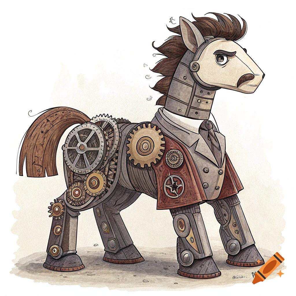 A cartoon steampunk pony with gears and cogs wearing a suit and tie, against a plain background.