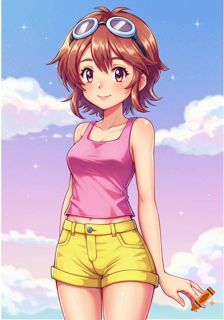 An anime girl with short brown hair and goggles on her head, wearing a pink tank top and yellow shorts, smiling against a blue and purple sky with clouds.