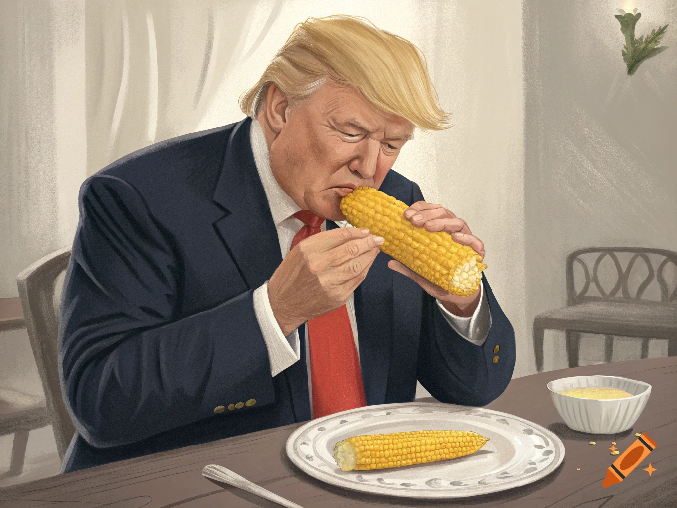 Illustrated caricature of Donald Trump eating an ear of corn at a table, with another corn cob on a plate.