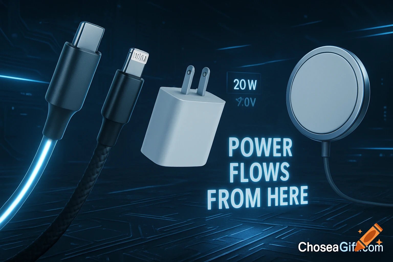 A futuristic tech banner displays glowing USB-C and Lightning cables, a wall adapter, and a wireless MagSafe charger on a dark circuit board background with text overlays and light streaks.