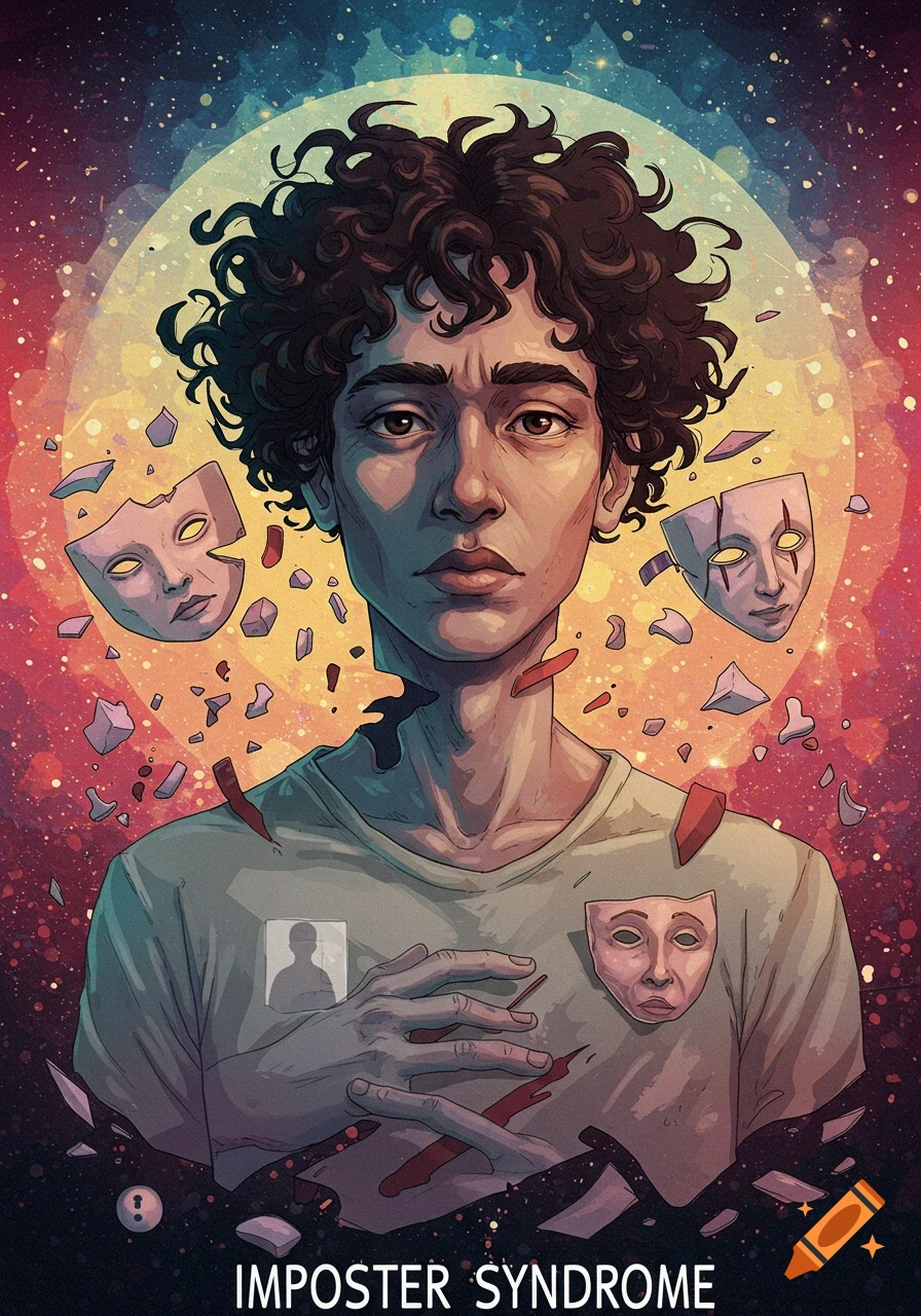 Stylized illustration of a person with curly hair, broken masks, and fragmented body against a cosmic background, with 'IMPOSTER SYNDROME' text.