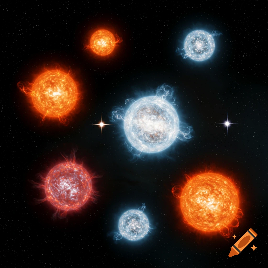 Seven bright stars, some orange-red and some blue-white, glow in a dark, starry cosmic background.