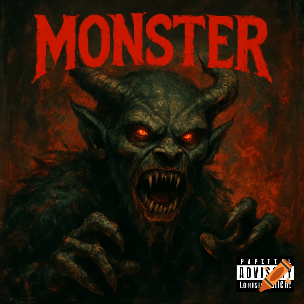 A dark fantasy album cover featuring a snarling, horned monster with glowing red eyes against a fiery red background, with the word MONSTER at the top.