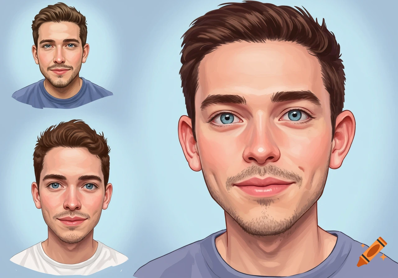Three stylized cartoon portraits of a man with brown hair and blue eyes on a light blue background.