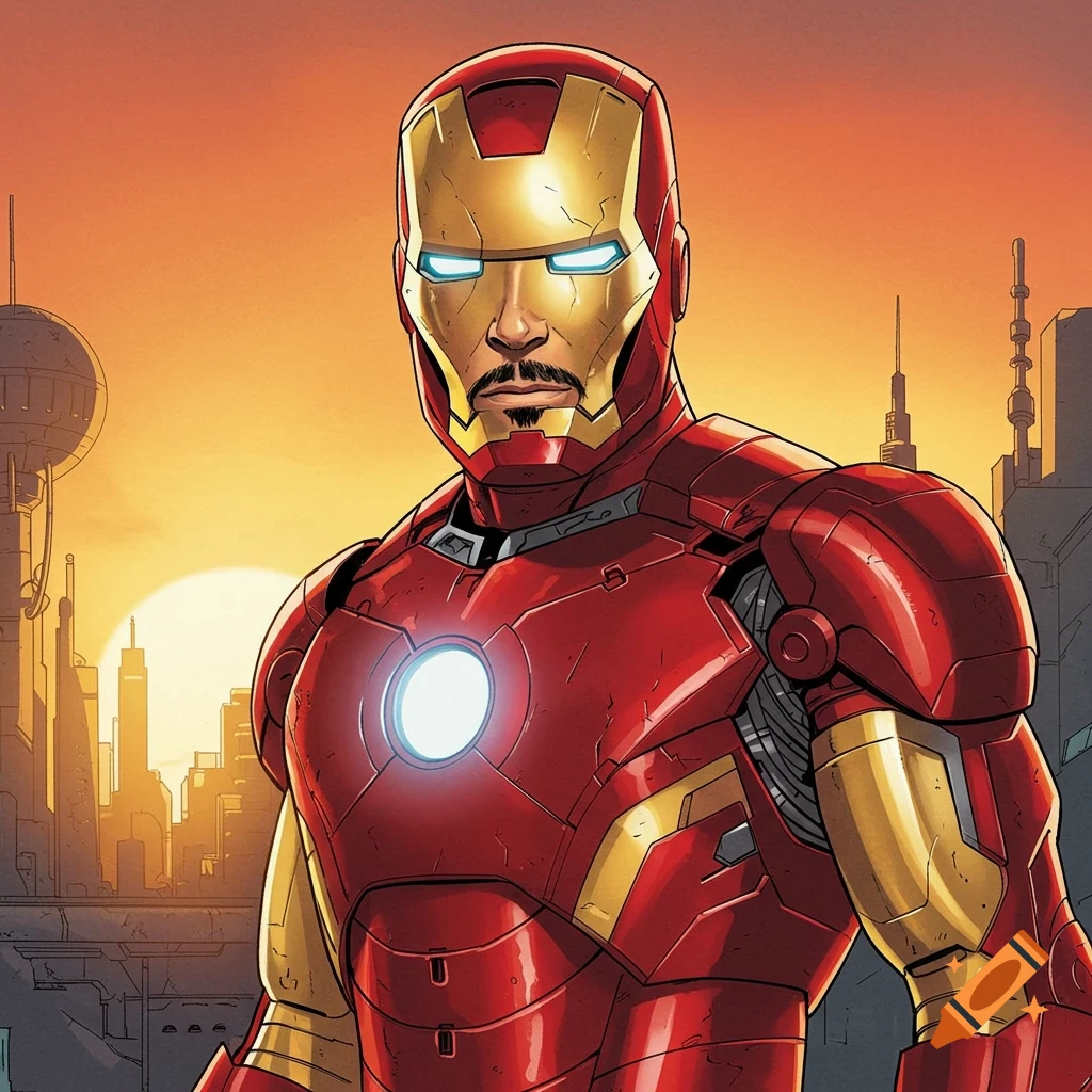 A detailed comic book illustration of Iron Man with his face visible, standing against a futuristic city skyline at sunset.
