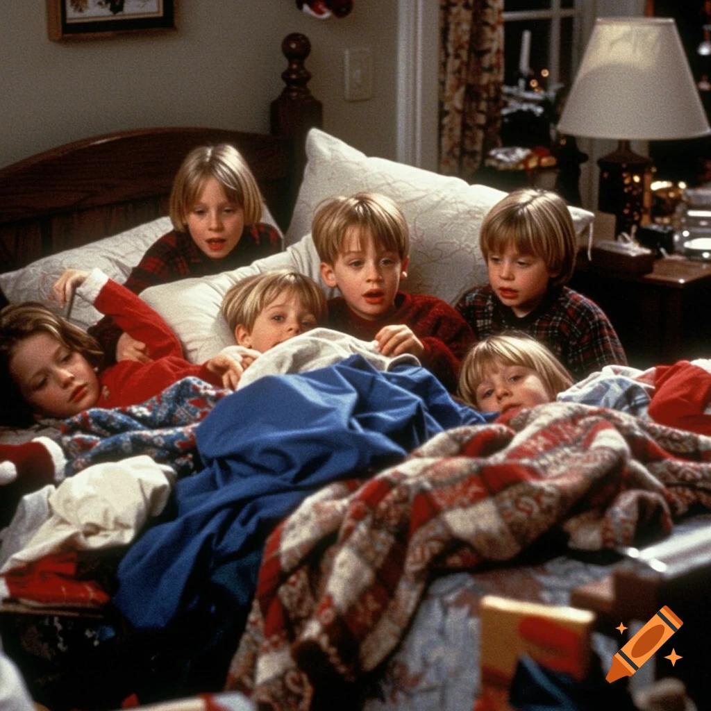 Young children in bed, looking surprised amidst blankets and clothes. From a movie scene.