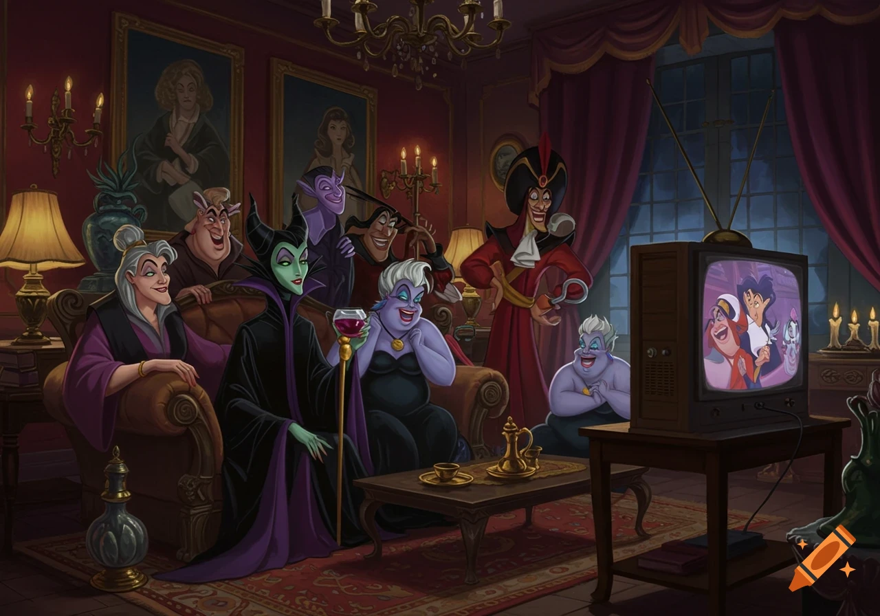 Disney villains Maleficent, Ursula, Captain Hook, and others laugh while watching a TV in a lavish living room, cartoon style.