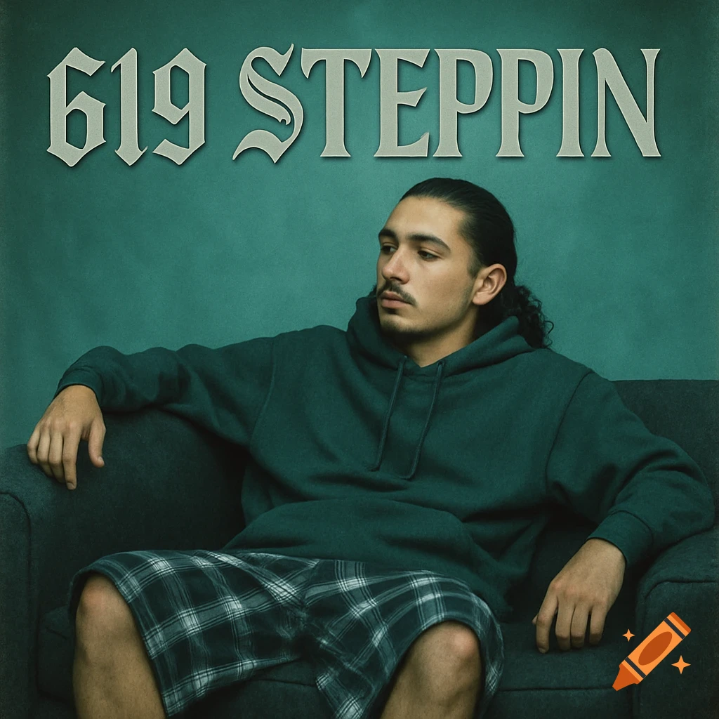 A man with slicked-back hair and goatee in a dark-green hoodie and plaid shorts sits on a couch under the text "619 STEPPIN". Vintage film aesthetic.