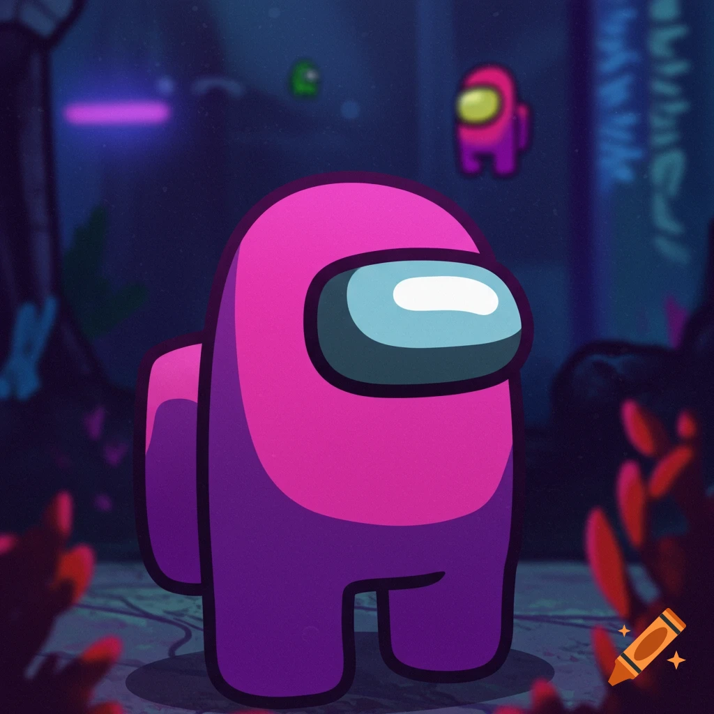 A vibrant cartoon illustration featuring a large pink Among Us character in the foreground, with smaller green and pink characters visible in the blurry, dark background, resembling an underwater or spaceship interior.