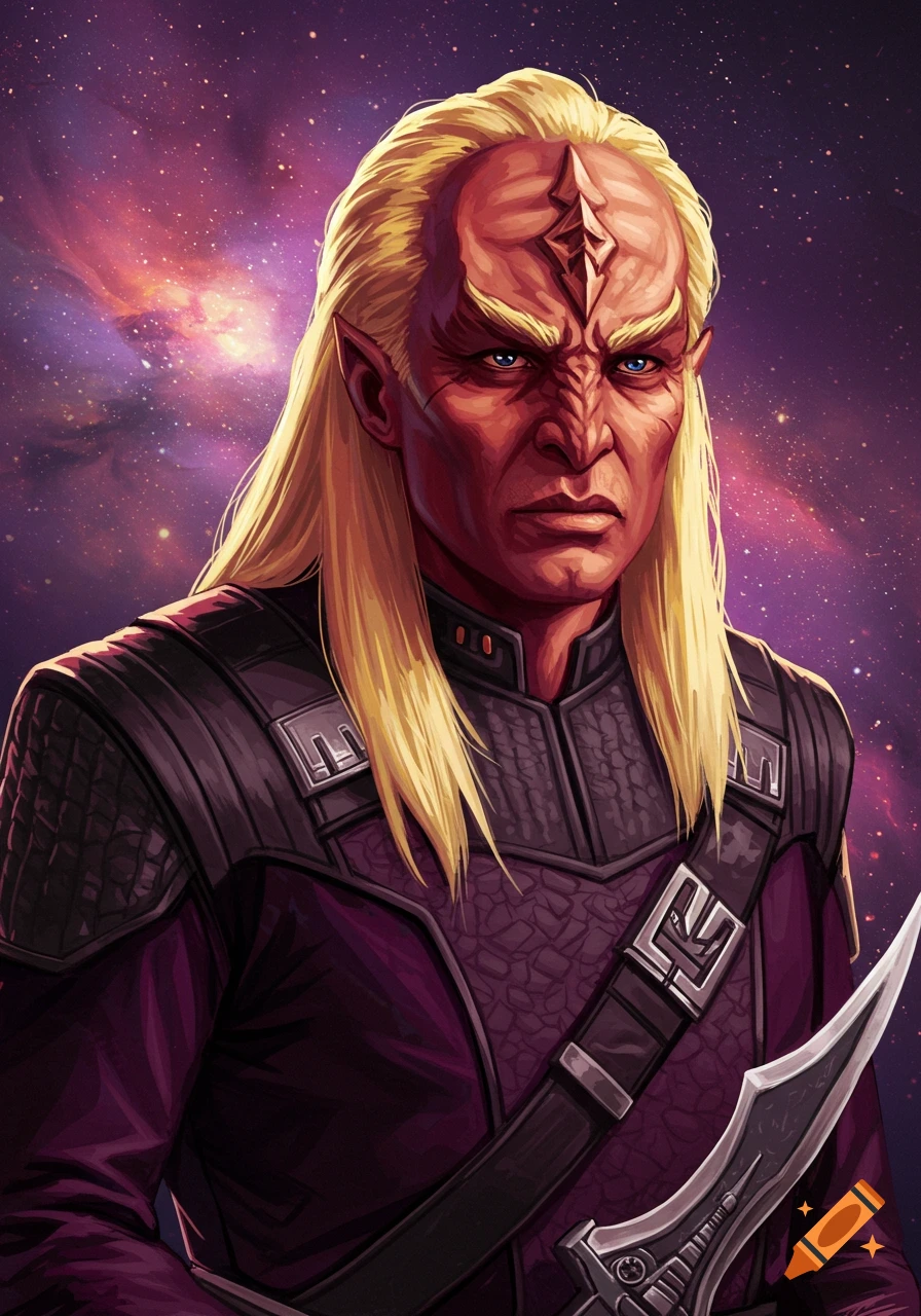Portrait of a male Klingon with blonde hair and red skin against a cosmic background, holding a dagger.