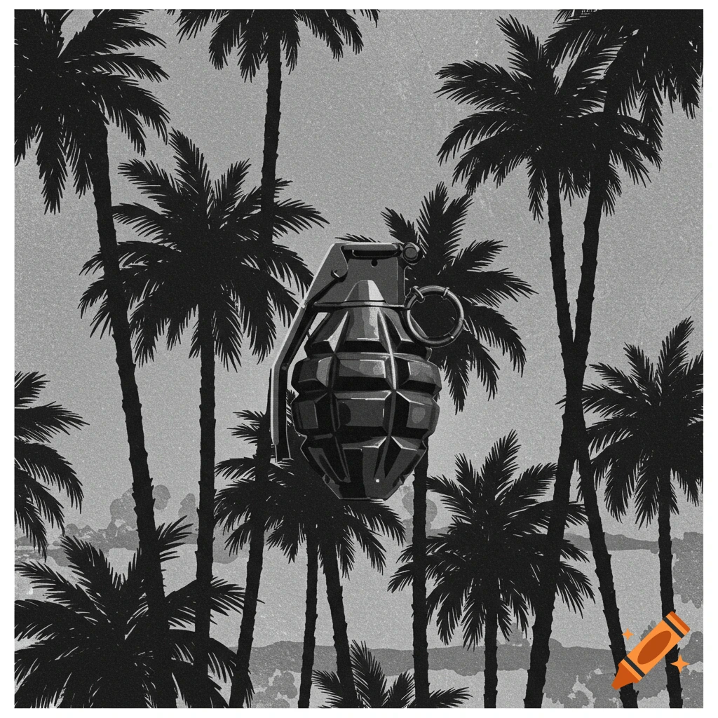 Black and white illustration of a grenade surrounded by repeating palm trees.