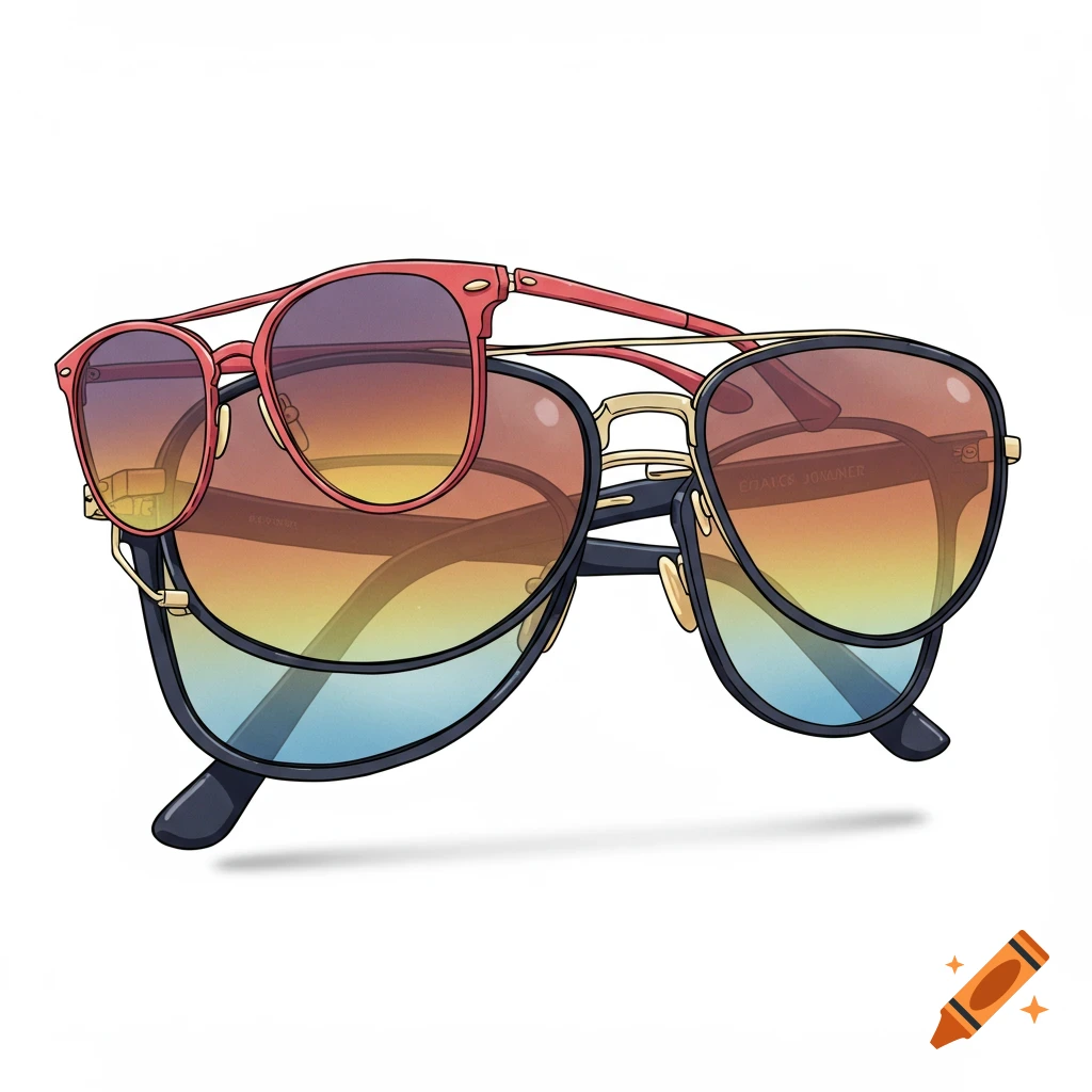 Two pairs of sunglasses, one with red frames on top of a larger dark blue pair, both with gradient lenses.