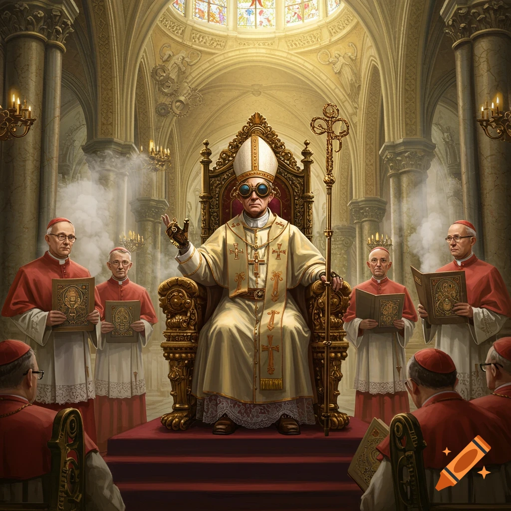 A steampunk pope with goggles sits on an ornate golden throne in a grand cathedral, surrounded by cardinals in a ceremonial setting.