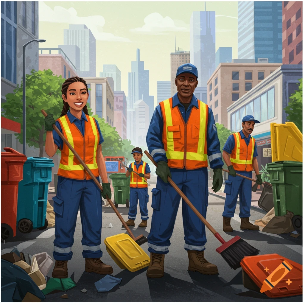 Four diverse sanitation workers in blue uniforms and orange safety vests sweep a litter-strewn city street with buildings in the background, in an illustrative style.