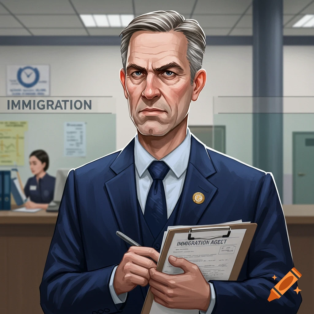 An illustration of a serious male immigration agent in a suit holding a clipboard and pen in an office.
