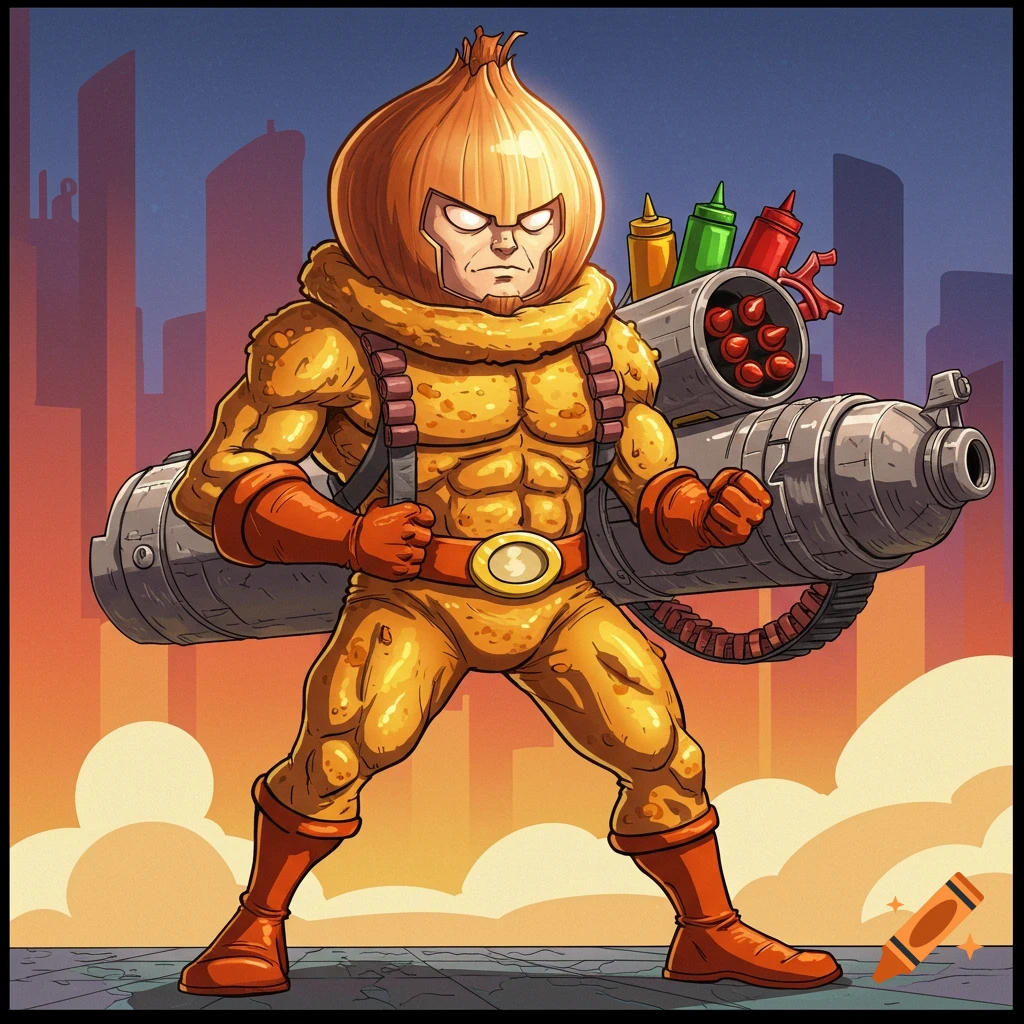 A cartoon onion ring superhero in a yellow suit with an onion helmet ...