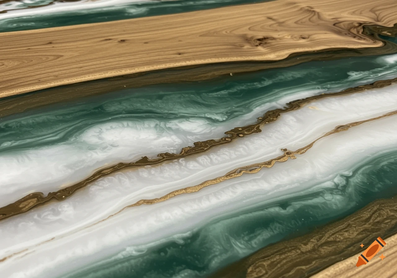 Close-up of a countertop featuring wood, green, white, and gold epoxy resin with swirling patterns.
