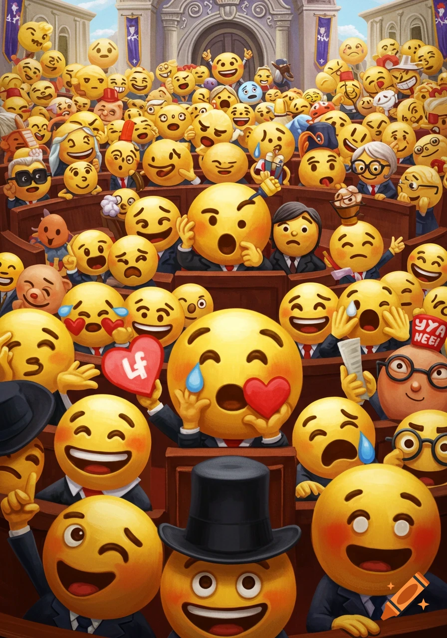 A vibrant cartoon illustration shows a large crowd of various emojis with different expressions seated in a grand legislative chamber, reminiscent of a parliament or congress, with some wearing suits and hats, appearing to engage in political debate or observation.