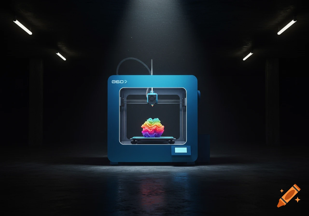 A blue 3D printer in a dark room prints a vibrant rainbow-colored object. Fluorescent lights illuminate the scene from above.
