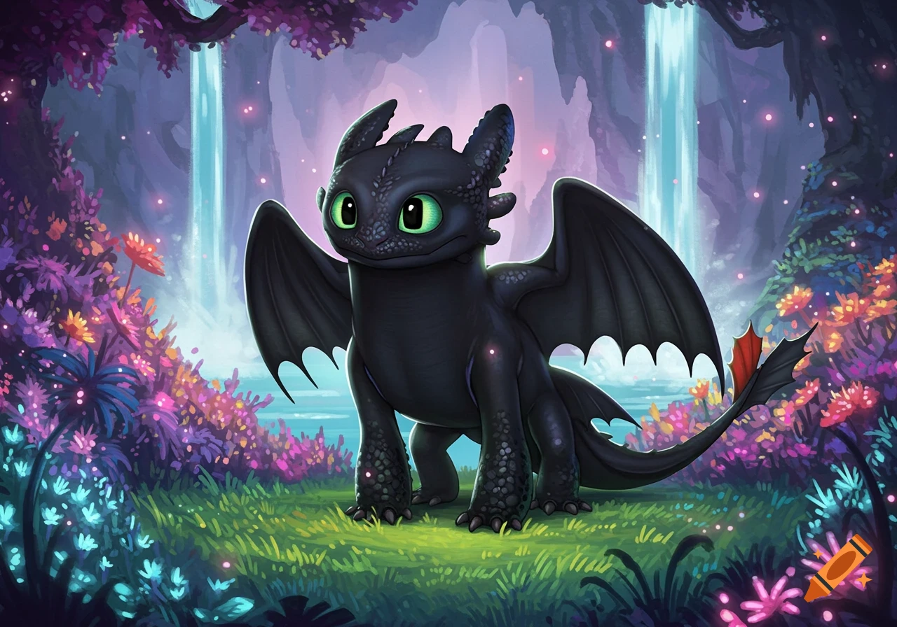 A cute black dragon with big green eyes stands proudly in a vibrant, magical forest with glowing plants and waterfalls.