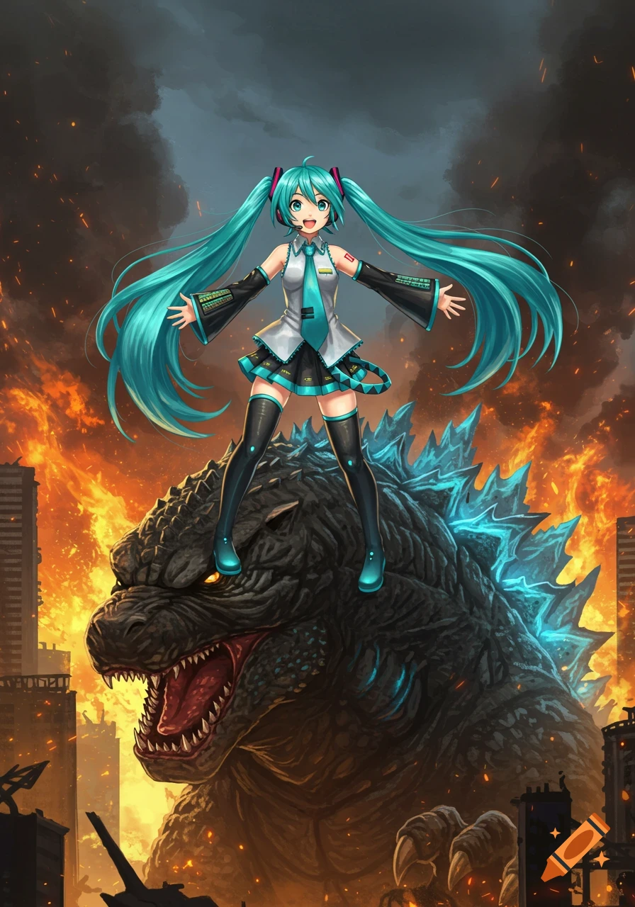 Hatsune Miku stands atop Godzilla in a city ablaze, with a dark, smoky sky overhead, in an anime art style.