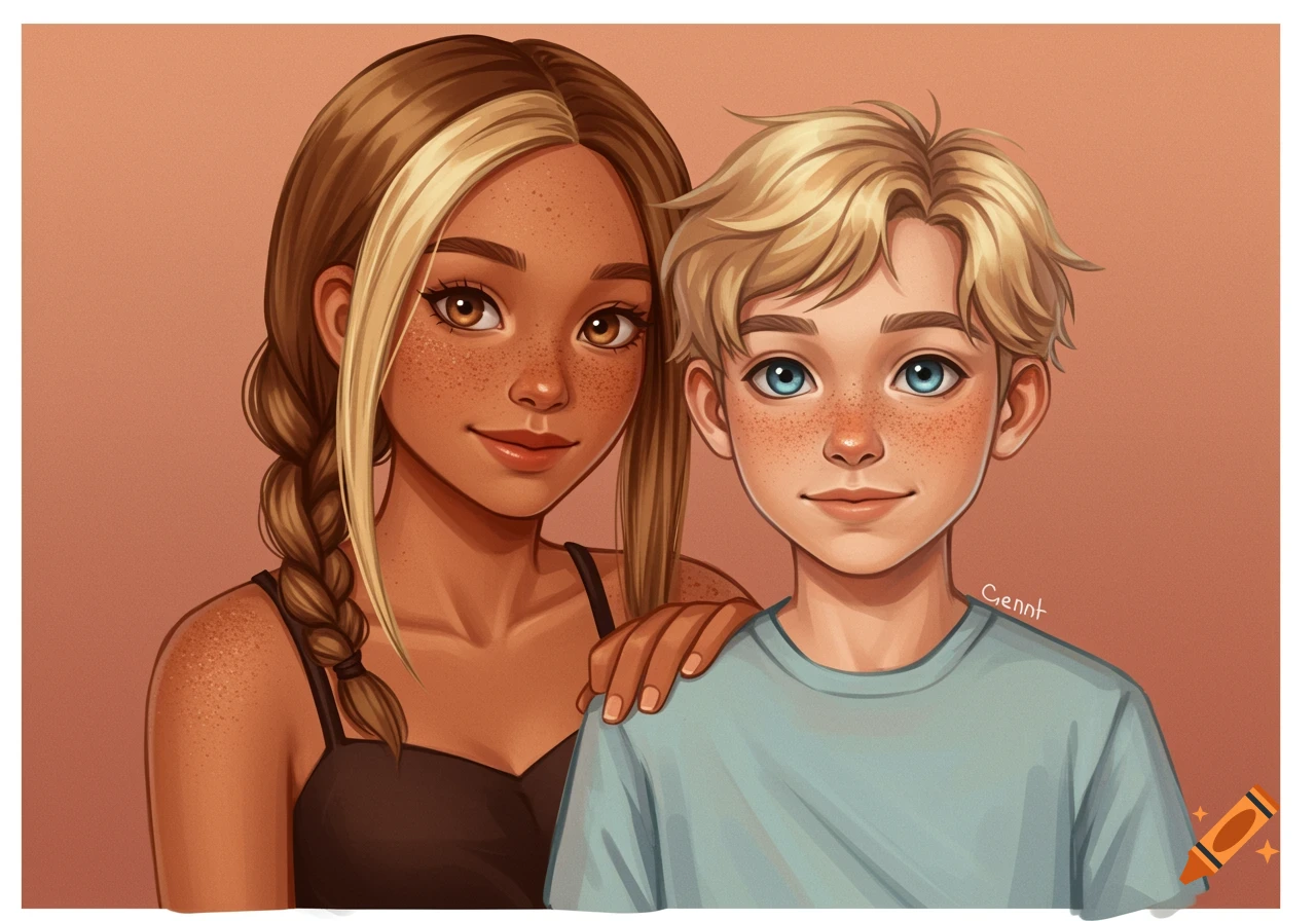 Illustration of a girl with blonde and brown hair and a boy with blonde hair, both with freckles, smiling.