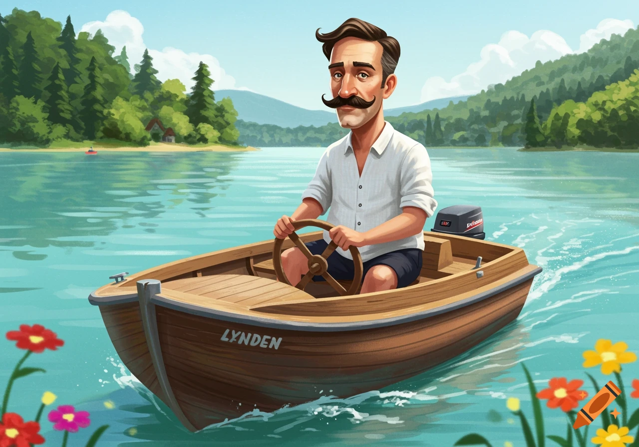 A cartoon man with a prominent mustache drives a small wooden boat with an outboard motor on a tranquil lake, surrounded by green forests.