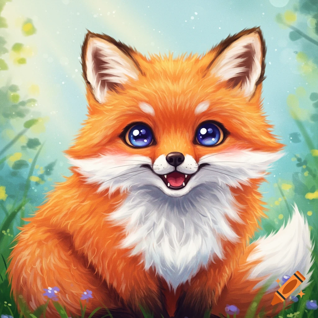 A smiling, cute cartoon fox with vibrant orange and white fur and large blue eyes sits in a green field with small purple flowers.