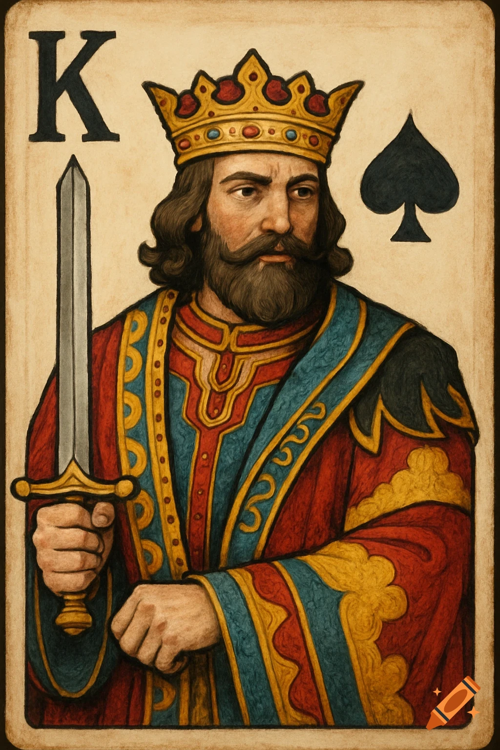 Stylized King of Spades playing card, featuring a bearded king in ornate robes holding a sword, with a large 'K' and spade symbol.