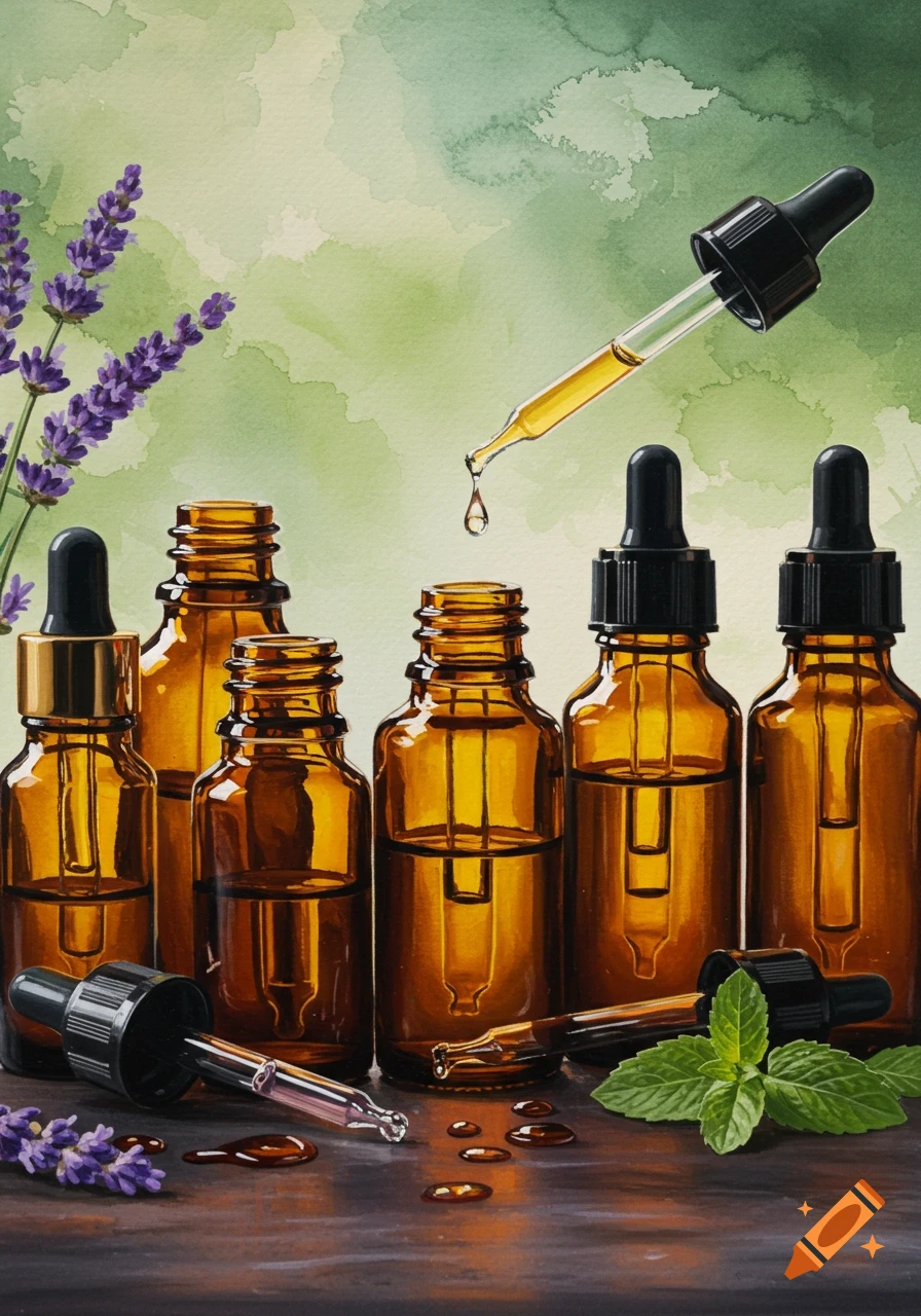 Watercolor painting of amber essential oil bottles, a dripping dropper, lavender, and mint leaves against a green background.