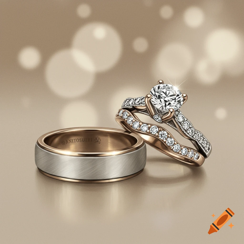Two wedding rings on a golden background: a brushed silver and gold band, and a diamond engagement ring with a twisted diamond shadow band.