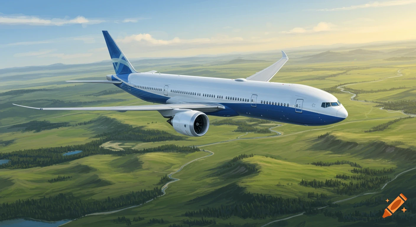 A blue and white Boeing 777X airplane flies over a vibrant green, hilly landscape with rivers under a blue sky.
